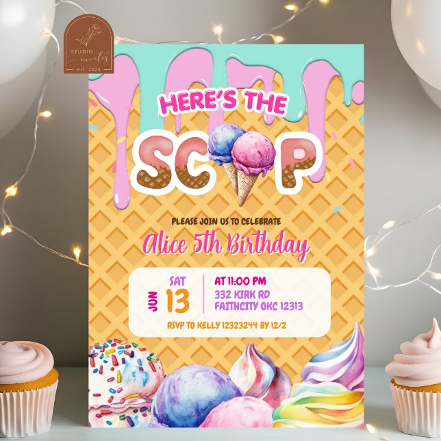Waffle Background Dripping Pink Ice Cream Birthday Invitation (Creator Uploaded)