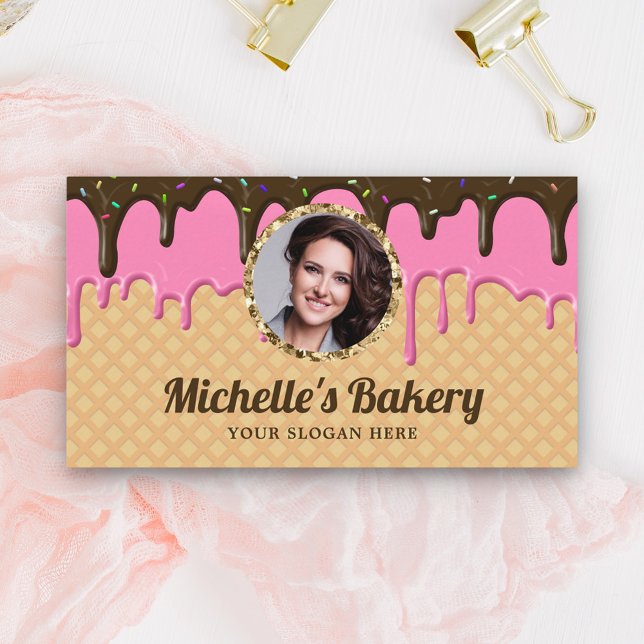 Waffle Pink Frosting Drip Pastry Chef Photo Bakery Business Card (Creator Uploaded)