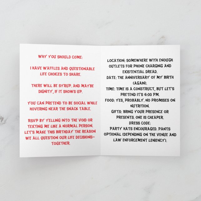Waffle-Themed Satirical Birthday Bash Invitation (Inside)