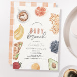 Waffles Coffee Fruits Watercolor Baby Brunch Invitation<br><div class="desc">This cute "baby brunch" girl baby shower invitation features a cream background with brunch foods such as waffles, coffee, croissant, avocado, orange, bananas, egg, blueberries, and strawberry . The reverse side features a white background with gingham check pattern in orange. Personalise it for your needs. You can find matching products...</div>
