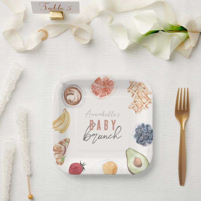 Waffles Coffee Fruits Watercolor Baby Brunch Paper Plate (Wedding)