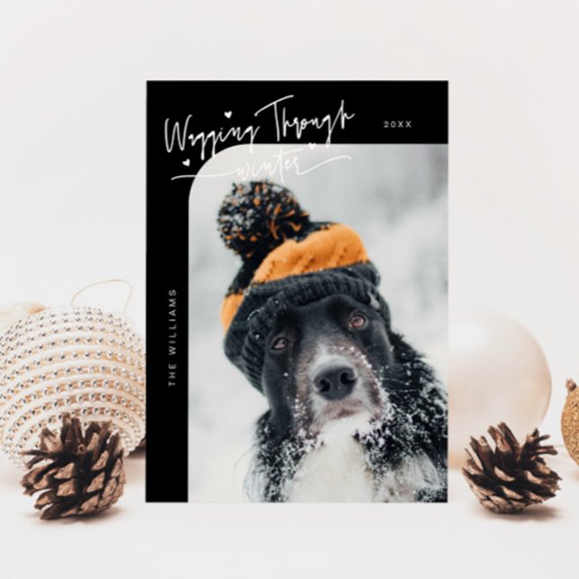 Wagging Through Winter Dog Photo Black Christmas Holiday Card (Creator Uploaded)