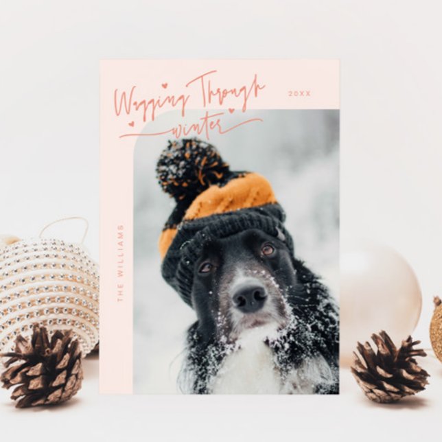 Wagging Through Winter Dog Photo Peach Christmas Holiday Card (Creator Uploaded)