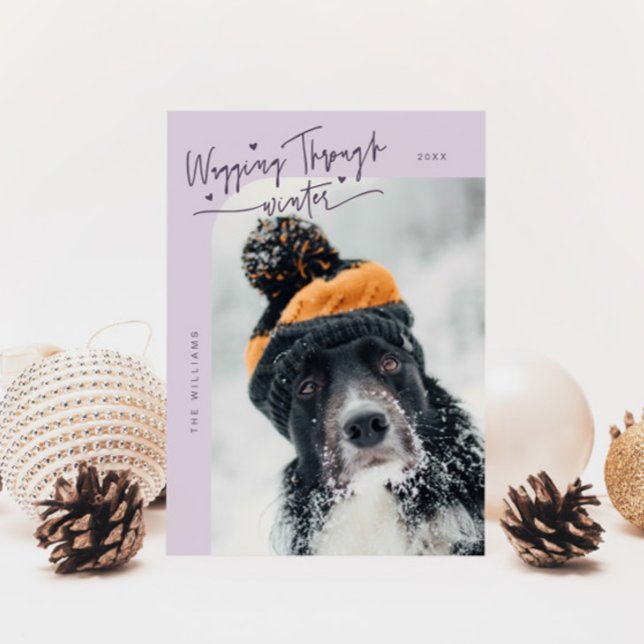 Wagging Through Winter Dog Photo Purple Christmas Holiday Card (Creator Uploaded)