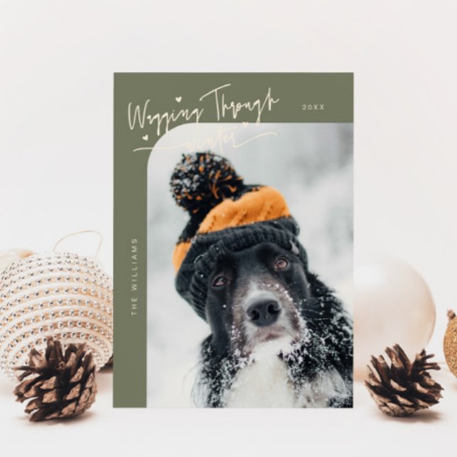 Wagging Through Winter Dog Photo Sage Christmas Holiday Card (Creator Uploaded)