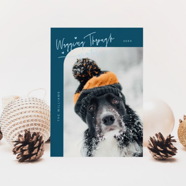 Wagging Through Winter Dog Photo Teal Christmas Holiday Card (Creator Uploaded)