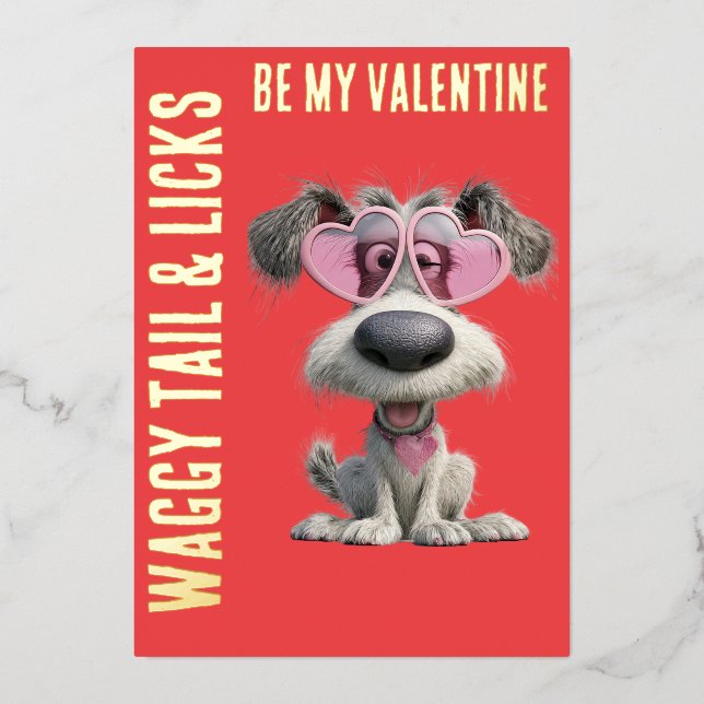 WAGGY TAIL & LICKS Gold Foil Valentine's Day Foil Holiday Card (Front)