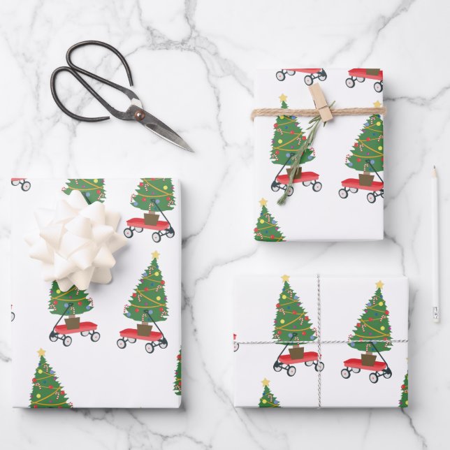 Wagon Christmas Tree Wrapping Paper Sheet (Front)