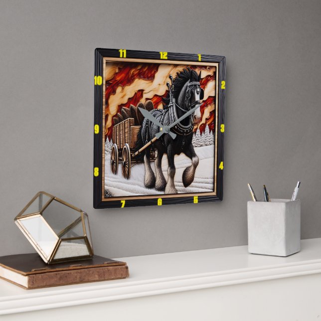 Wagon Trail: Personalised Charred Wood Clydesdale Square Wall Clock (Office)