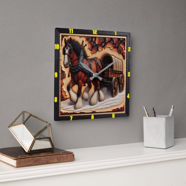 Wagon Trail: Personalised Charred Wood Clydesdale Square Wall Clock (Office)
