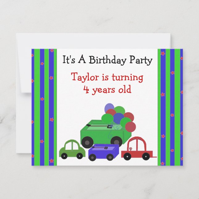 Wagons, Cars and Balloons Birthday Invitation (Front)