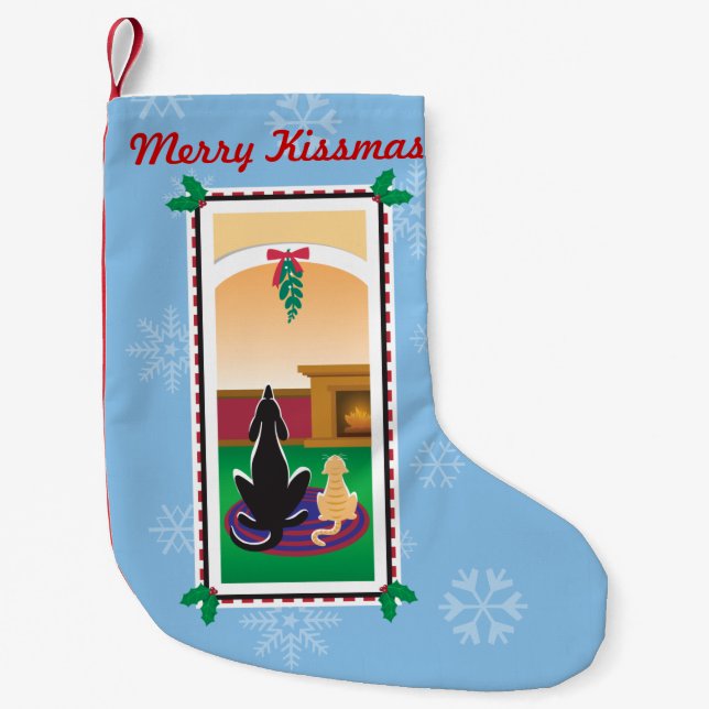 WagsToWishes®_Pets under mistletoe_Merry Kissmas Small Christmas Stocking (Front)
