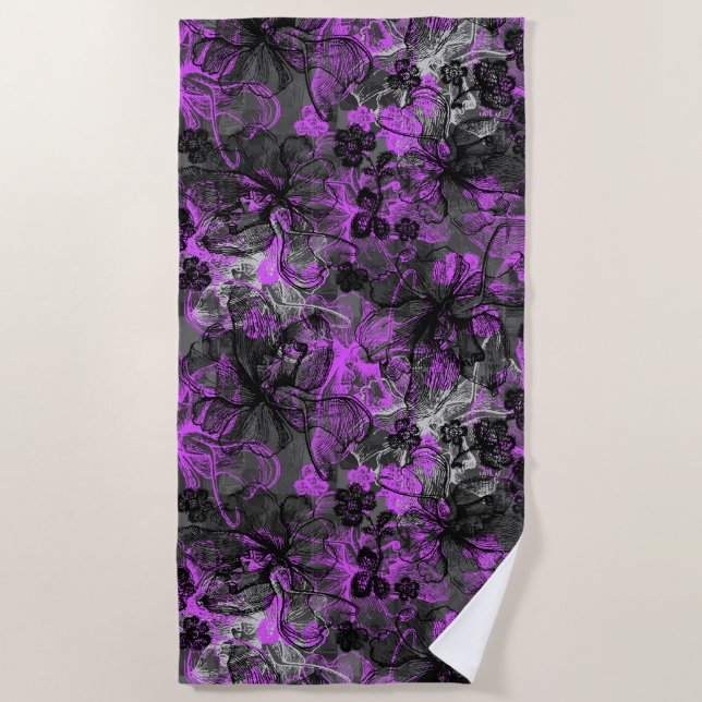Wahine Lace Hawaiian Orchid Floral in Purple Beach Towel (Front)