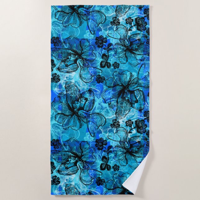 Wahine Lace Hawaiian Orchid Floral in Turquoise Beach Towel (Front)