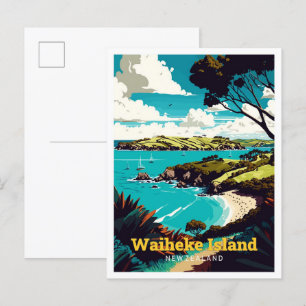 Waiheke Island NZ Travel Art Vintage Illustration Postcard