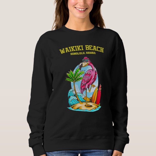 Waikiki Beach Flamingo Ocean Wave Surf Sweatshirt (Front)