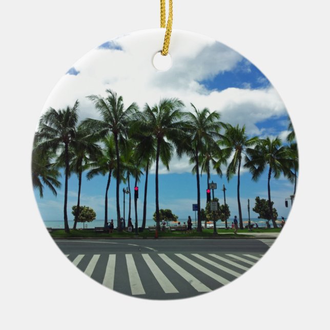 Waikiki Beach Hawaii Ceramic Tree Decoration (Front)