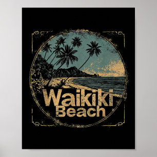 Waikiki Beach Hawaii Hi Vintage 70s 80s Palm Tree Poster