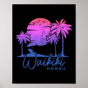 Waikiki Beach Hawaii Surf Vintage Sunset Surfer  Poster