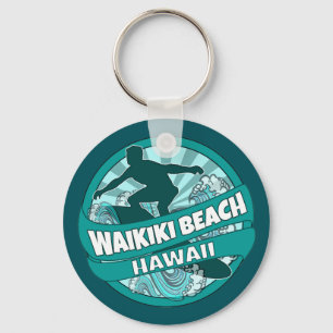 Waikiki Beach Hawaii teal surfer logo keychain