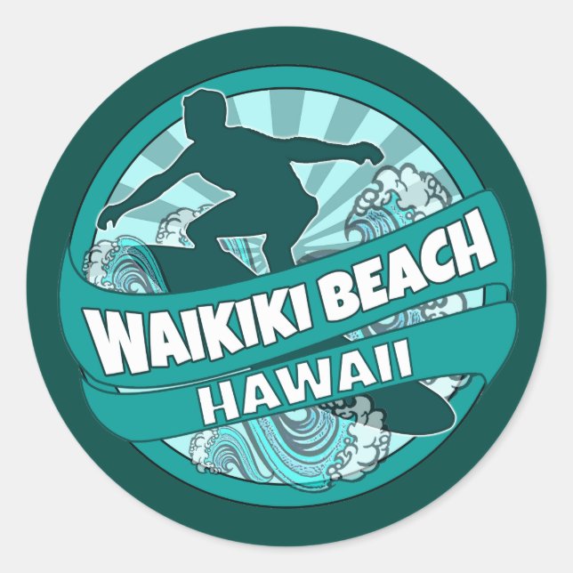 Waikiki Beach Hawaii teal surfer logo stickers (Front)
