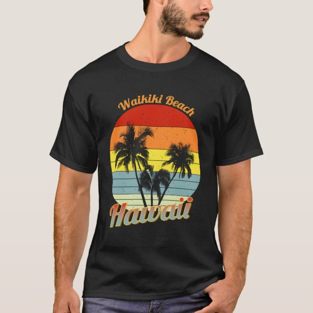 Waikiki Beach Hawaii Tropical Palm Trees Vacation T-Shirt (Front)