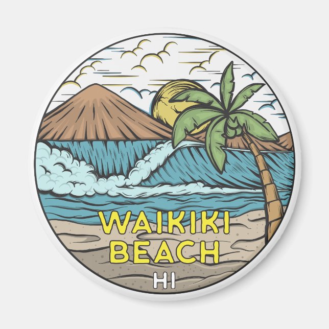 Waikiki Beach Hawaii Vintage Magnet (Front)