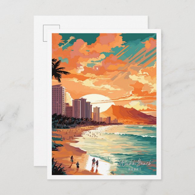 Waikiki Beach Hawaii Vintage Travel Illustration Postcard (Front/Back)