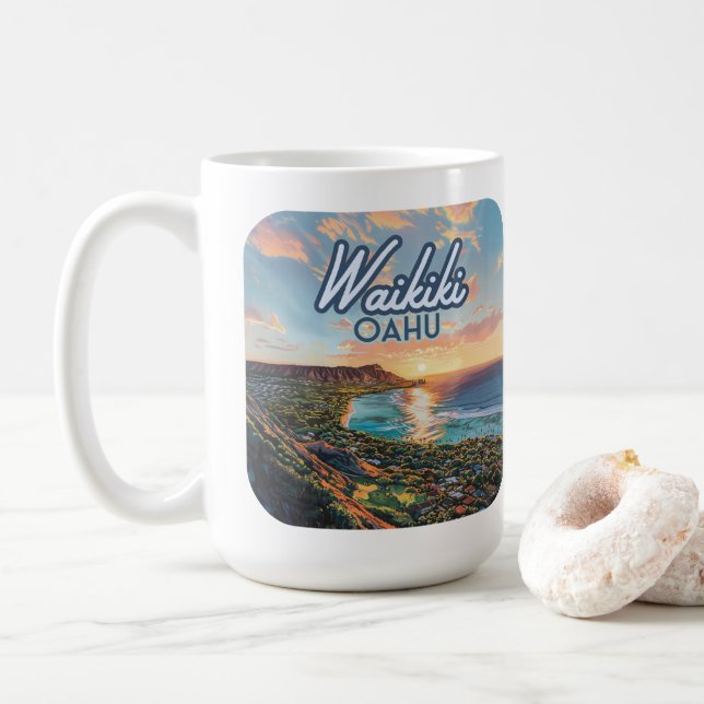 Waikiki Beach Honolulu Oahu Hawaii Retro Coffee Mug (With Donut)