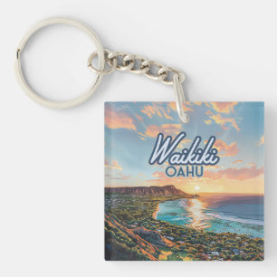 Waikiki Beach Honolulu Oahu Hawaii Retro Key Ring