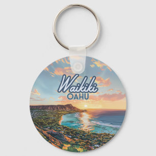 Waikiki Beach Honolulu Oahu Hawaii Retro Key Ring