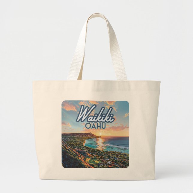 Waikiki Beach Honolulu Oahu Hawaii Retro Large Tote Bag (Front)