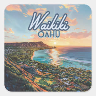 Waikiki Beach Honolulu Oahu Hawaii Retro Square Sticker
