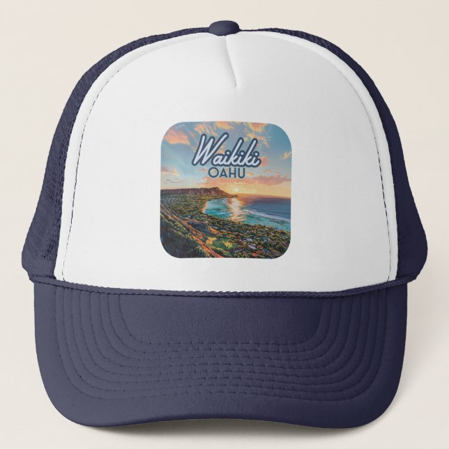 Waikiki Beach Honolulu Oahu Hawaii Retro Trucker Hat (Front)