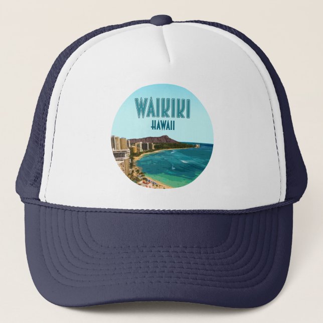 Waikiki Beach Honolulu Oahu Hawaii Vintage Trucker Hat (Front)