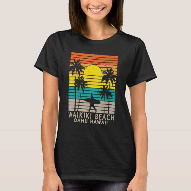Waikiki Beach Oahu Hawaii Surfer Palm Tree Surfing T-Shirt (Front)
