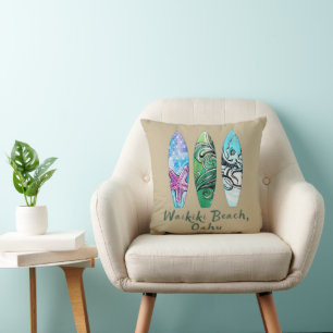 Waikiki Beach Oahu Watercolor Surfboards Cushion