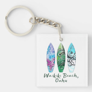 Waikiki Beach Oahu Watercolor Surfboards  Key Ring