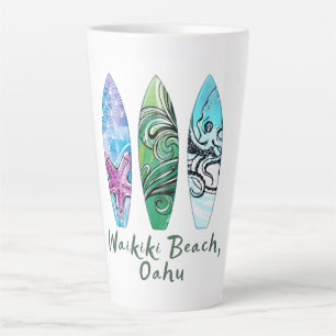 Waikiki Beach Oahu Watercolor Surfboards Latte Mug
