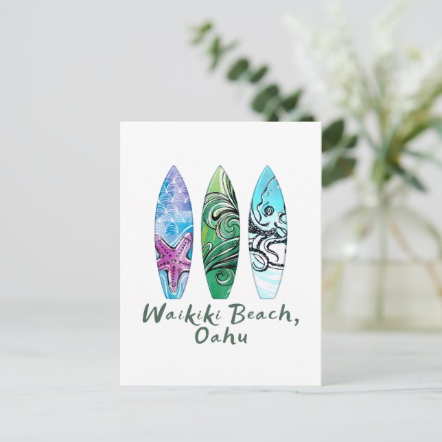 Waikiki Beach Oahu Watercolor Surfboards  Postcard (Standing Front)