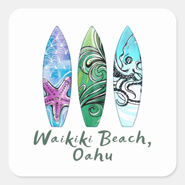 Waikiki Beach Oahu Watercolor Surfboards  Square Sticker (Front)