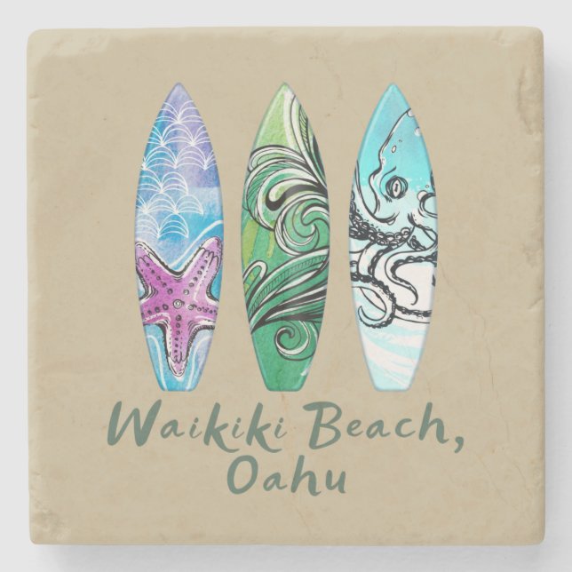 Waikiki Beach Oahu Watercolor Surfboards  Stone Coaster (Front)