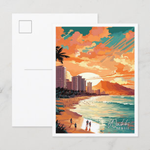 Waikiki Hawaii Art vintage travel illustration Postcard