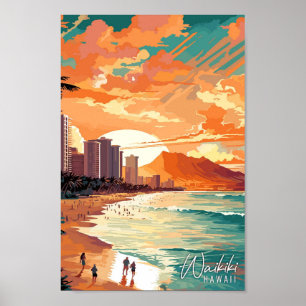 Waikiki Hawaii Art vintage travel illustration Poster