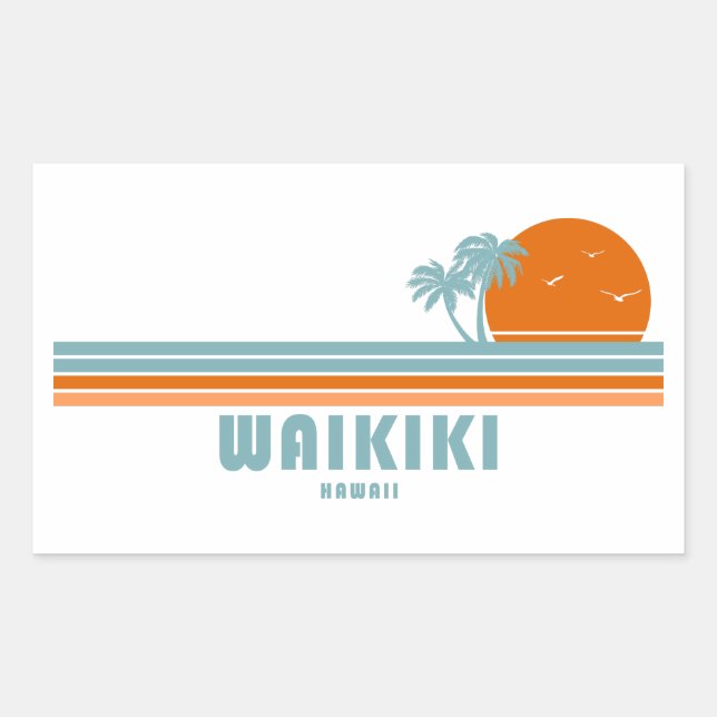 Waikiki Hawaii Sun Palm Trees Rectangular Sticker (Front)