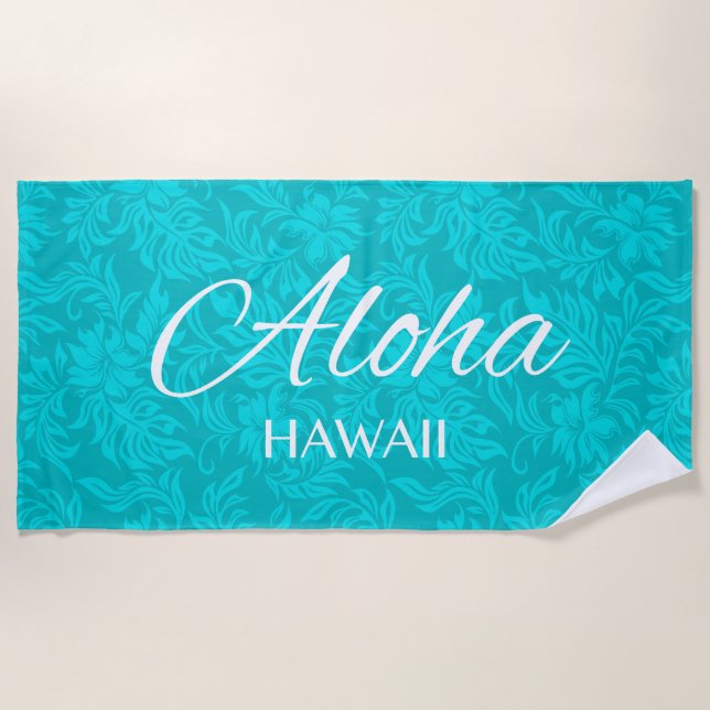 Waikiki Hibiscus Hawaiian Aloha Floral Teal Beach Towel (Front)