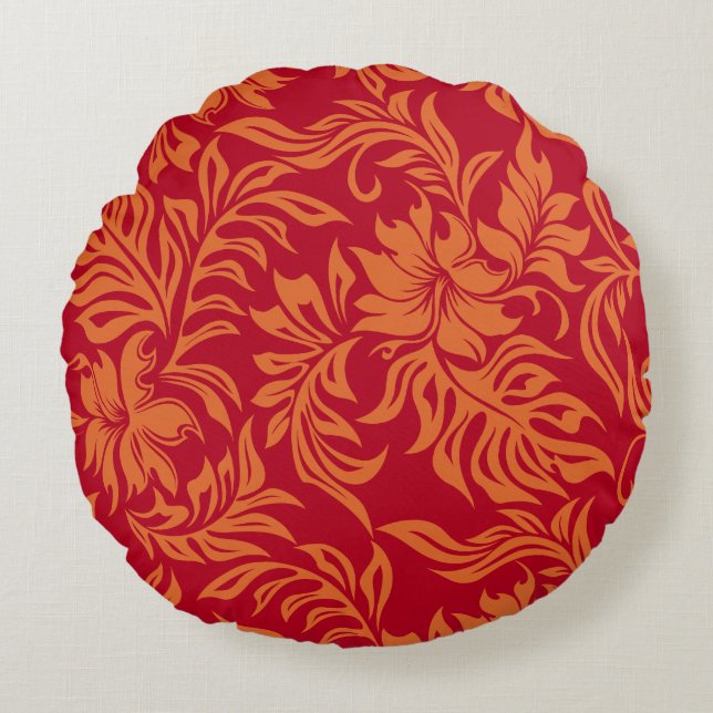 Waikiki Hibiscus Hawaiian Pareau Floral Round Cushion (Front)