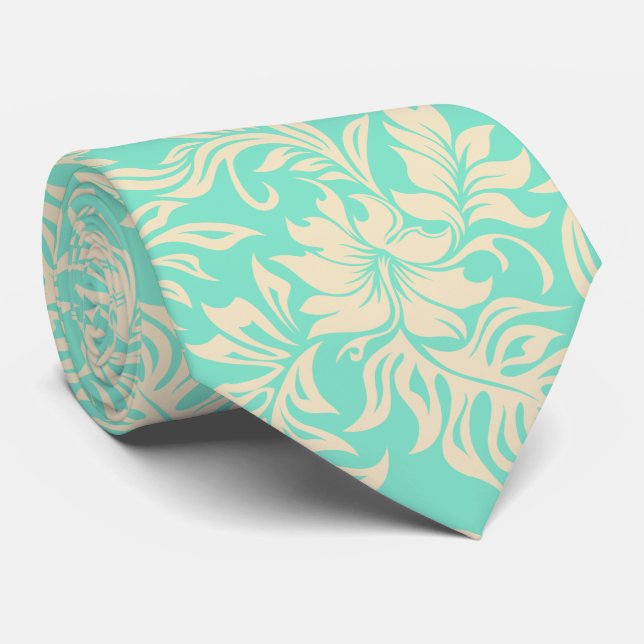 Waikiki Hibiscus Hawaiian Tropical Mint Green Tie (Rolled)