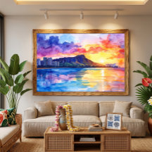 Waikiki Sunrise Diamond Head Watercolor Hawaii