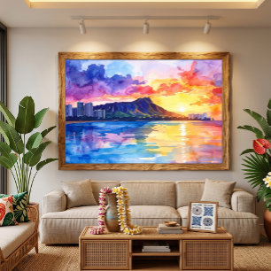Waikiki Sunrise Diamond Head Watercolor Hawaii Canvas Print
